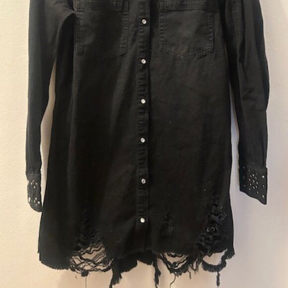 Free People We The Free Sleek Black Denim Silver Studded Distressed Dress NEW - Picture 10 of 16